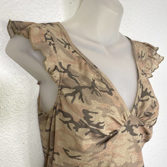 No Boundaries Y2K Top Womens Medium Juniors Camo Semi Sheer V Neck 2000s Blouse - Picture 7 of 8